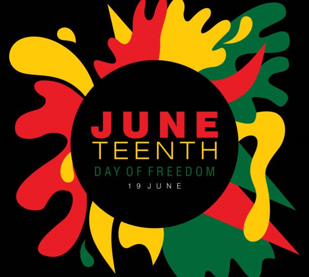 Juneteenth simple typography on a splash of abstract designs in national colors